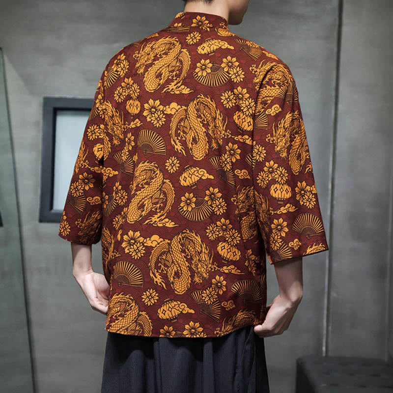 Buddha Stones Spring Frog-Button Dragon Mountain Flower Three Quarter Sleeve Tang Suit Men's Shirt With Pockets