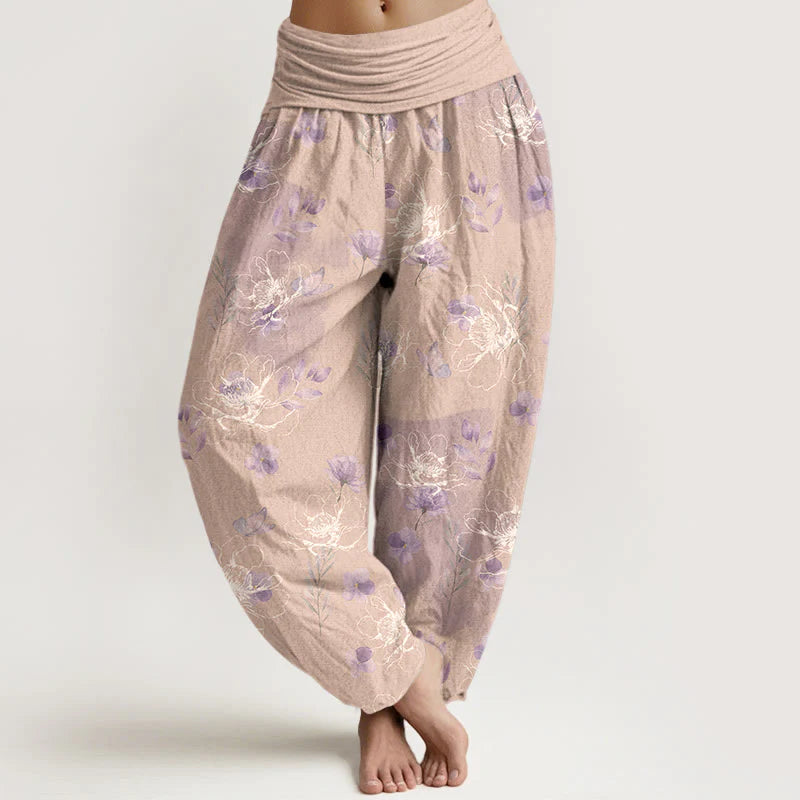 Buddha Stones Cotton Exquisite Retro Flower Pattern Women's Elastic Waist Harem Pants