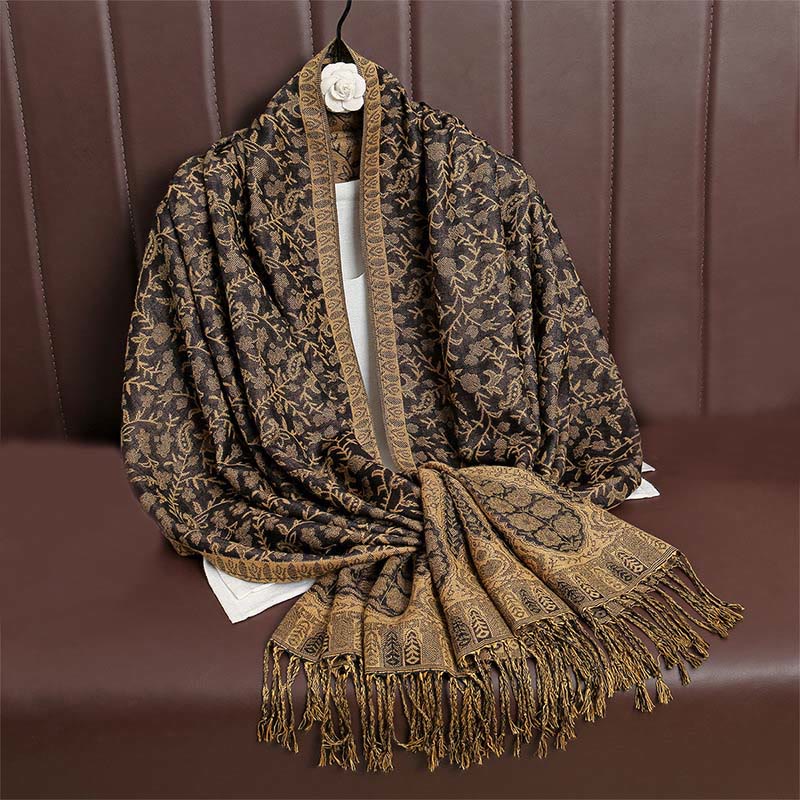 Buddha Stones Tibetan Jacquard Paisley Flower Pattern Color Contrast Design Tassel Cozy Scarf Shawl