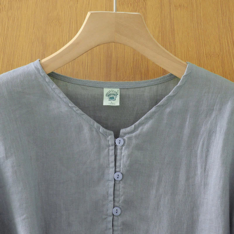 Buddha Stones Solid Buttons V-Neck Half Sleeve Women's Shirt
