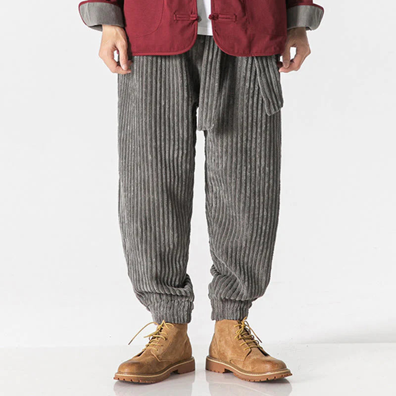 Buddha Stones Winter Solid Color Men's Ankle-Length Corduroy Pants With Pockets