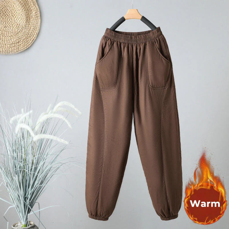 Buddha Stones Winter Elastic Waist Cotton Thermal Women's Cropped 7-8 Length Harem Pants With Pockets