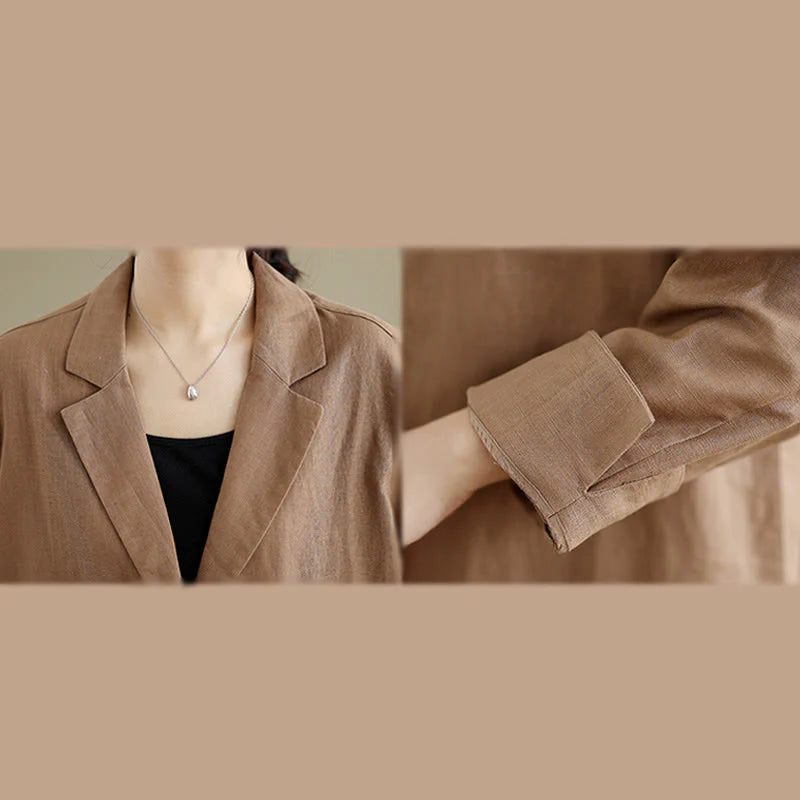 Buddha Stones Casual Fall Buttons Design Lapel Women's Cotton Linen Coat With Pockets