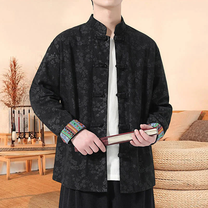 Buddha Stones Plain Plum Blossom Pattern Long Sleeve Men's Cotton Corduroy Tang Suit Jacket