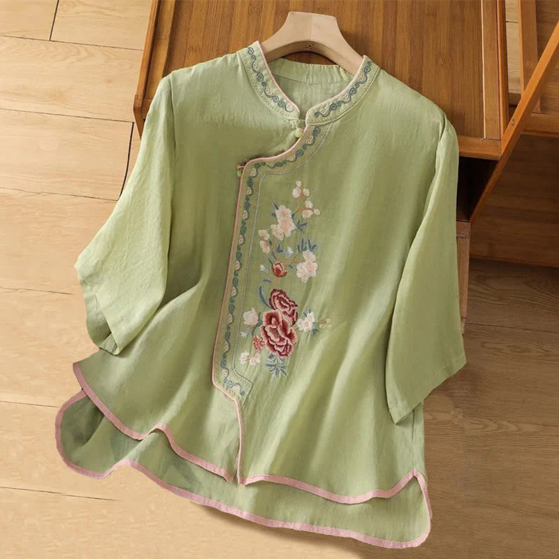 Buddha Stones Casual Ethnic Style Embroidery Flower Pattern Frog-Button Stand Collar Women's Cotton Linen Shirt