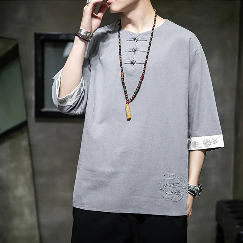 Buddha Stones Summer Embroidery Plain Frog-Button Men's Crew Neck Half Sleeve Cotton Linen Shirt Clothing