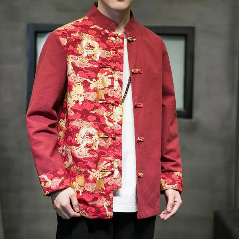 Buddha Stones Printed Color Contrast Dragon Pattern Frog-button Long Sleeve Men's Cotton Jacket