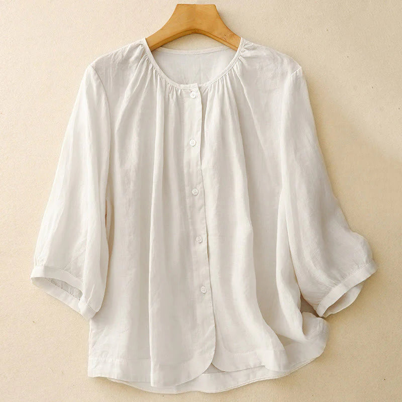 Buddha Stones Plain Button Crew Neck Design Women's Blend Three Quarter Sleeve Shirt