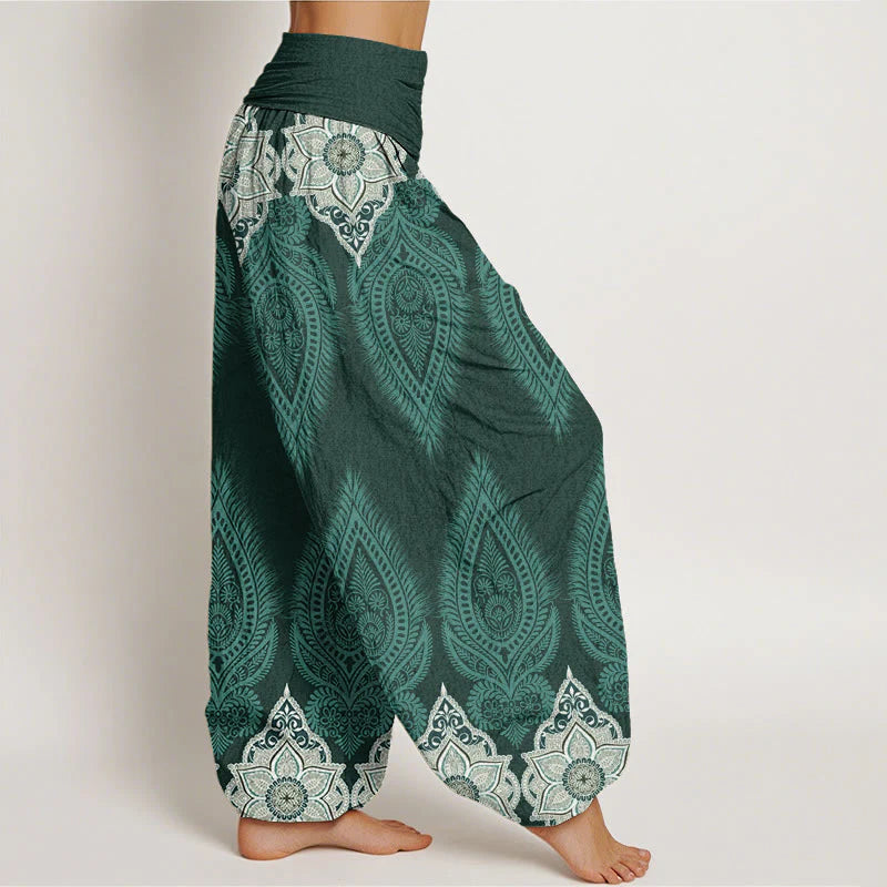 Buddha Stones Cotton Casual Feather Flower Design Women's Elastic Waist Harem Pants