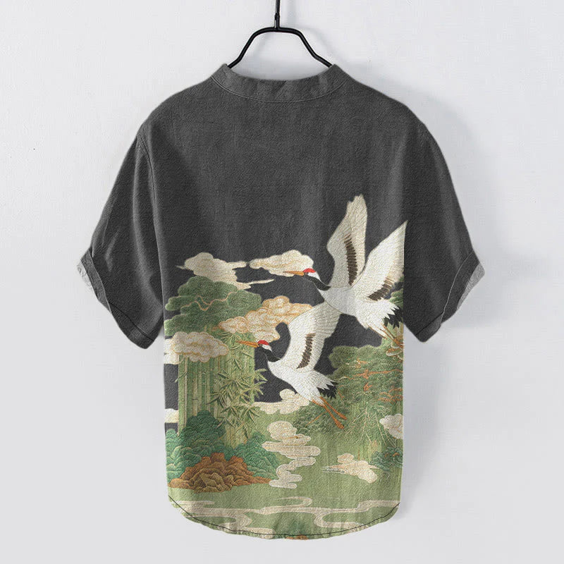 Buddha Stones Cotton Crane Auspicious Clouds Landscapes Pattern Men's Short Sleeve Half Button Shirt