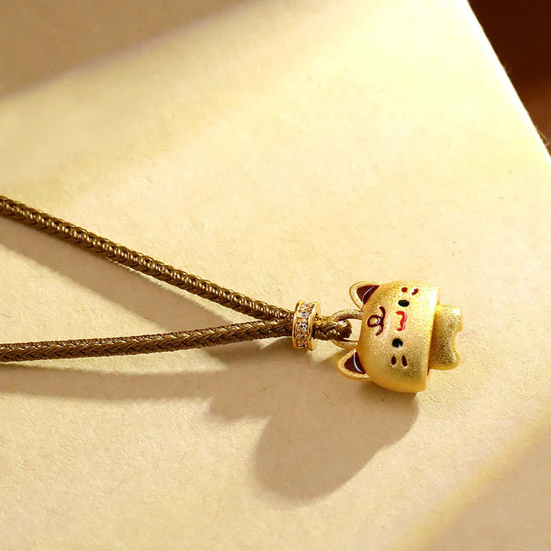 Buddha Stones Cute Cat Copper Plated Gold Adjustable Braided Rope Protection Necklace Pendant