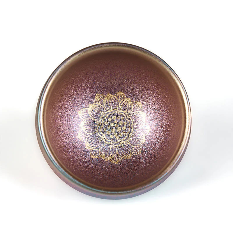Buddha Stones Handmade Chinese Jianzhan Golden Lotus Flower Ceramic Teacup Kung Fu Tea Cup 150ml