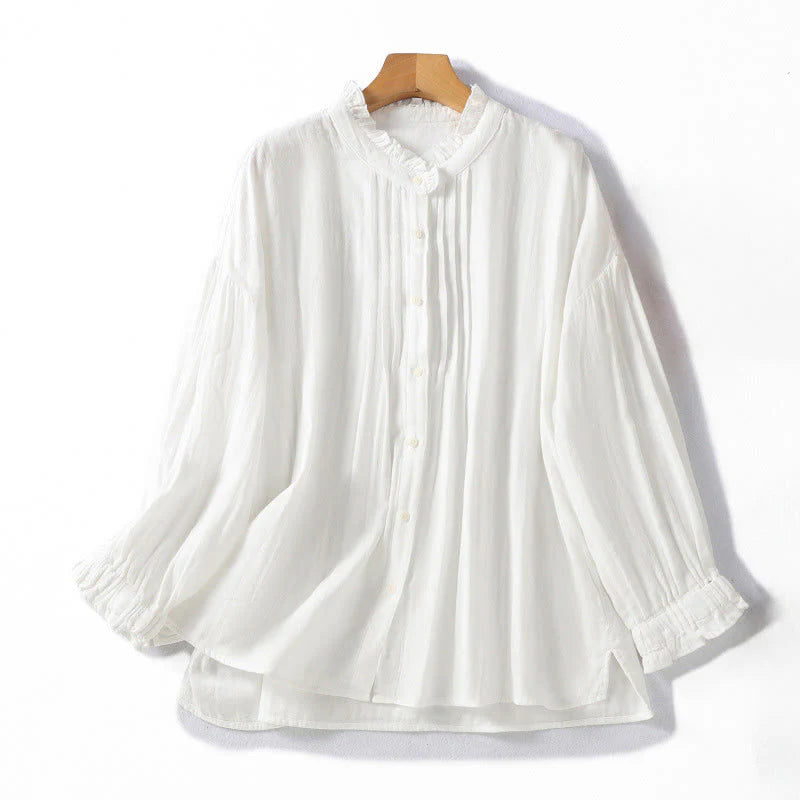 Buddha Stones White Ruffled Collar Long Sleeve Women's Cotton Shirt