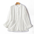 Buddha Stones White Ruffled Collar Long Sleeve Women's Cotton Shirt