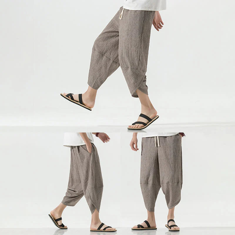 Buddha Stones Plain Simple Design Drawstring 7-8 Length Linen Men's Harem Pants With Pockets