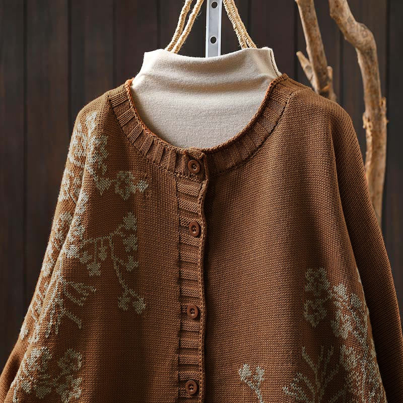 Buddha Stones Floral Buttons Cotton Women's Long Batwing Sleeve Knitted Cardigan