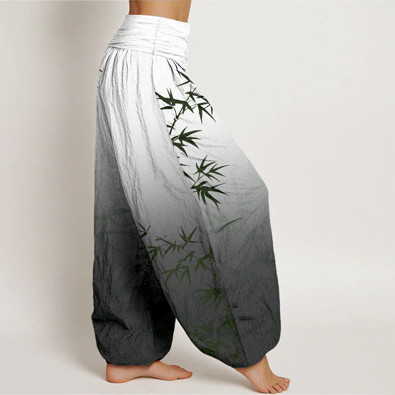 Buddha Stones Casual Bamboo Leaves Gradient Pattern Pure Cotton Women's Elastic Waist Harem Pants
