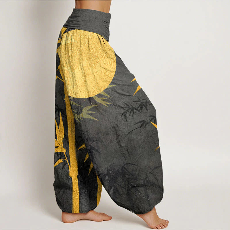 Buddha Stones Cotton Bamboo Leaves Full Moon Pattern Women's Elastic Waist Harem Pants