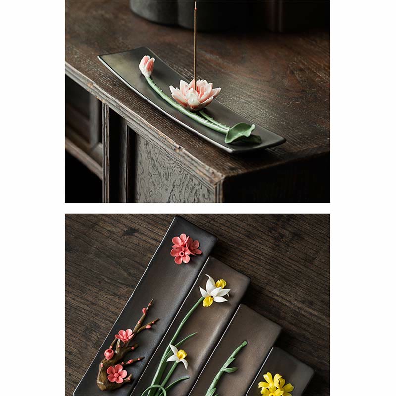 Buddha Stones Lotus Peony Rose Flower Ceramic Spiritual Incense Burner
