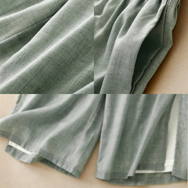 Buddha Stones Casual Plain Color Chinese Frog Button Cotton Linen Women's Wide Leg Pants