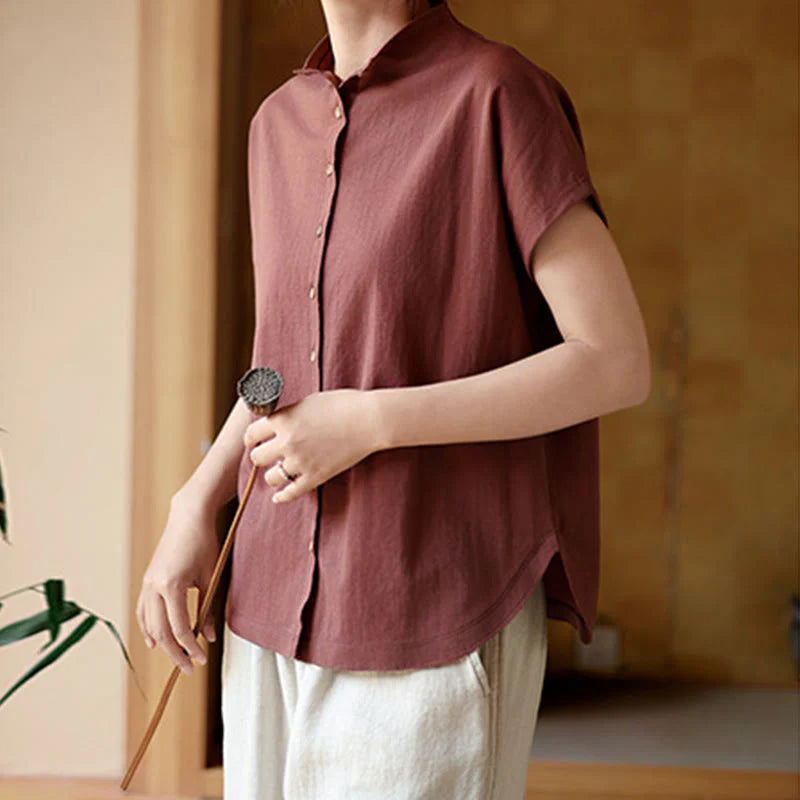 Buddha Stones Vintage Buttons Design Stand Collar Cotton Short Sleeve Women's Shirt