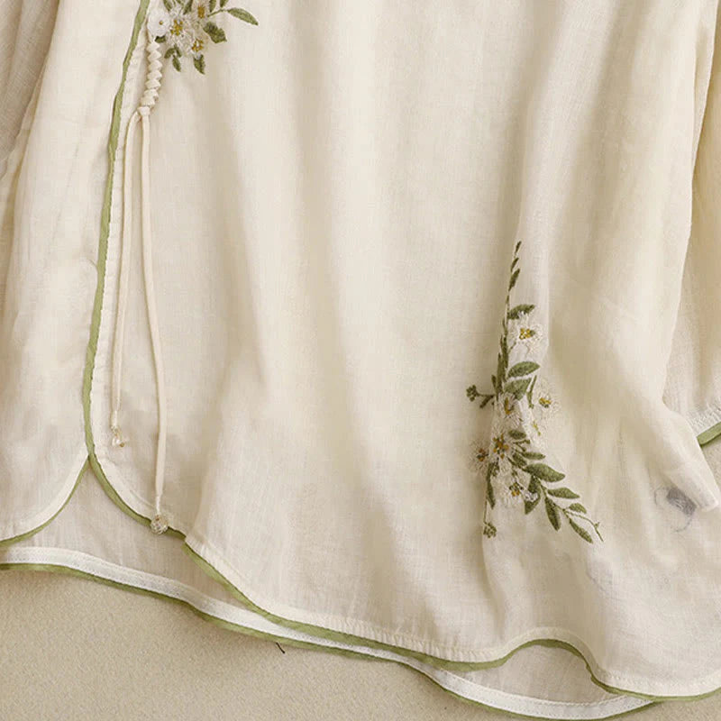 Buddha Stones Beige Floral Green Leaf Embroidery Crew Neck Three Quarter Sleeve Women's Cotton Shirt