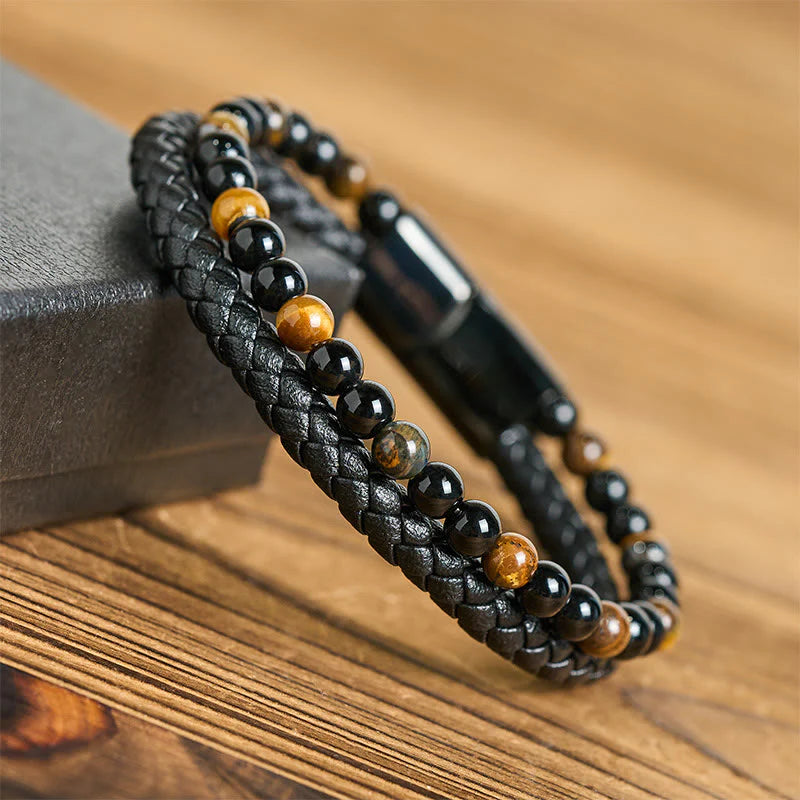 Buddha Stones Black Onyx Tiger Eye Titanium Steel Leather Protection Bracelet