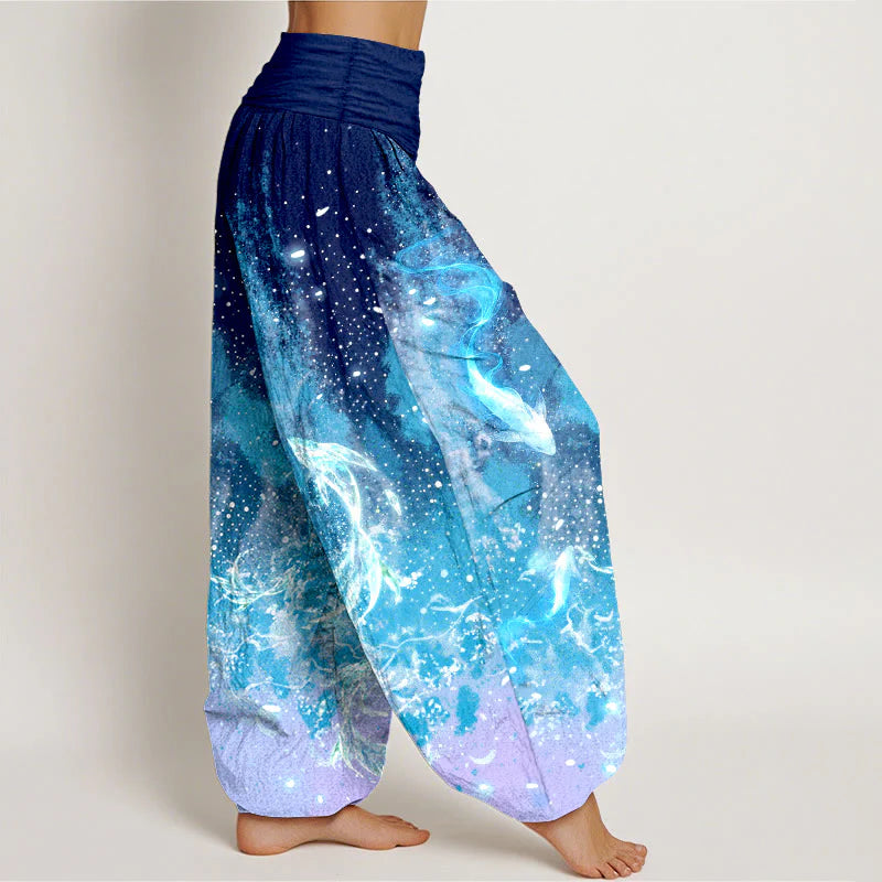 Buddha Stones Cotton Koi Fish Aquatic Pattern Women's Elastic Waist Harem Pants