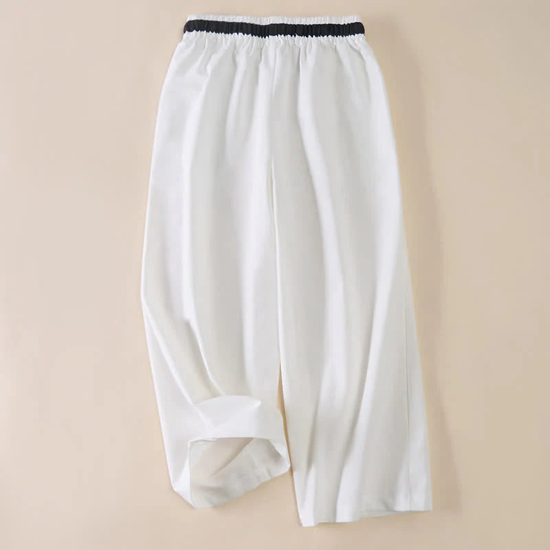 Buddha Stones Commute Drawstring Cotton Cropped Women's Wide Leg Pants With Pockets