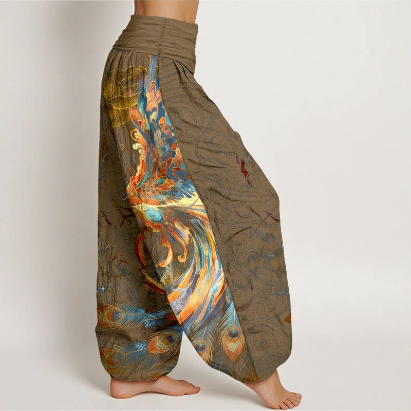 Buddha Stones Pure Cotton Gorgeous Flying Phoenix Cloud Pattern Women's Elastic Waist Harem Pants