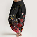 Buddha Stones Cotton Blooming Roses Pattern Women's Elastic Waist Harem Pants