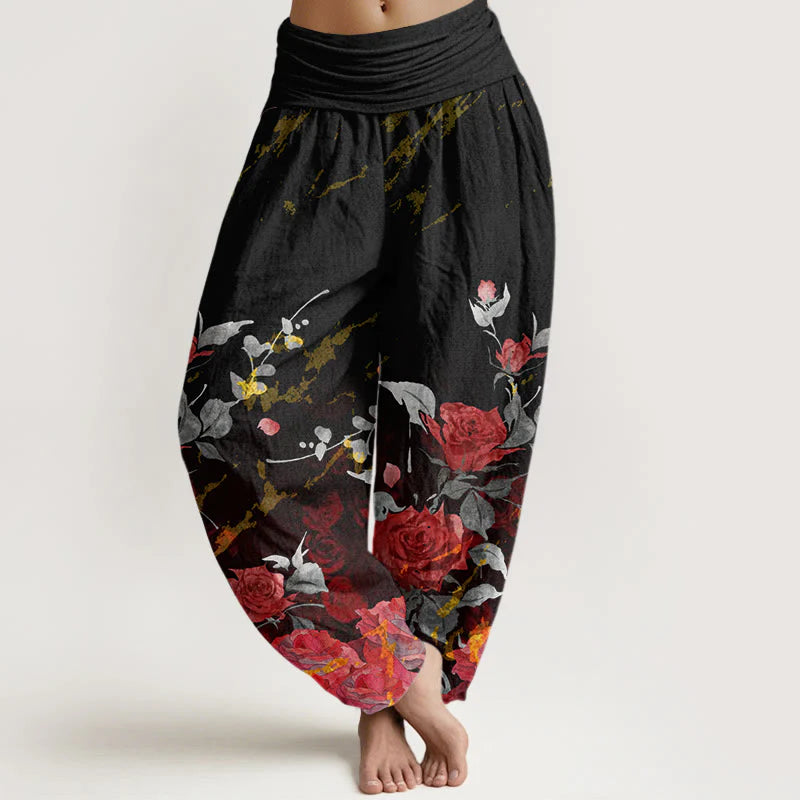 Buddha Stones Cotton Blooming Roses Pattern Women's Elastic Waist Harem Pants