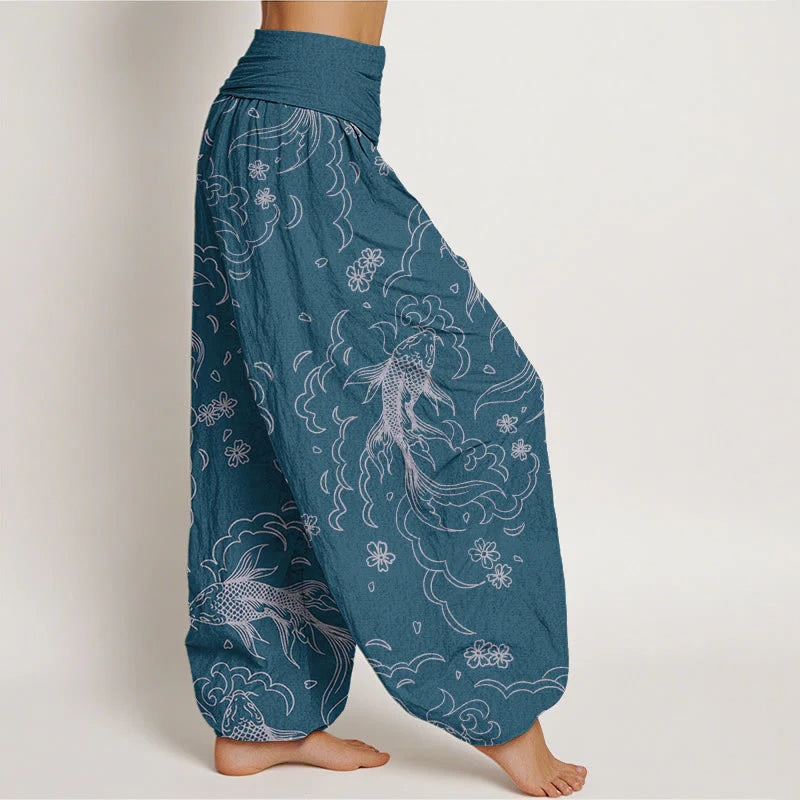 Buddha Stones Cotton Casual Koi Fish Waves And Petal Line Pattern Women's Elastic Waist Harem Pants