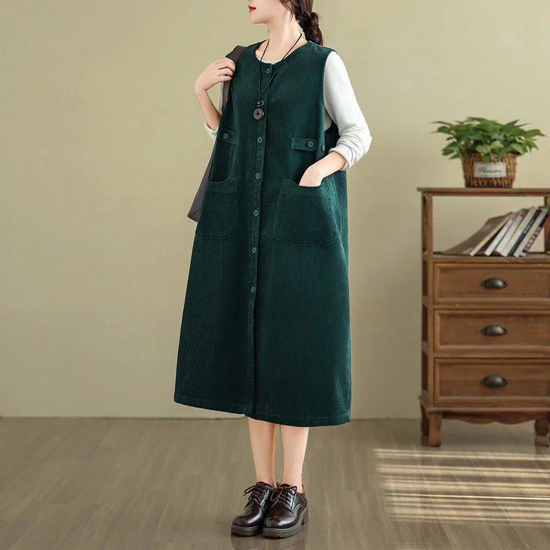 Buddha Stones Pure Colo Buttons Sleeveless Midi Dress With Pockets