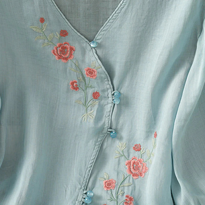 Buddha Stones Embroidered Flowers Cotton Women's V-neck Shirt