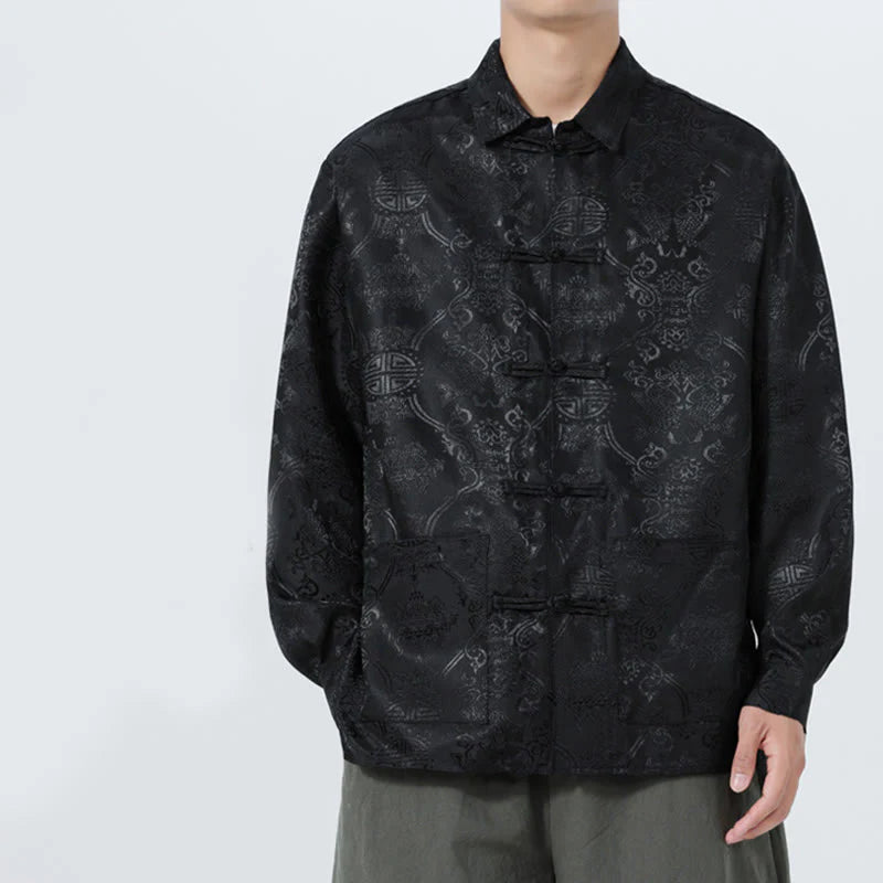 Buddha Stones Spring Jacquard Lapel Long Sleeve Men's Tang Suit Frog-Button Jacket With Pockets