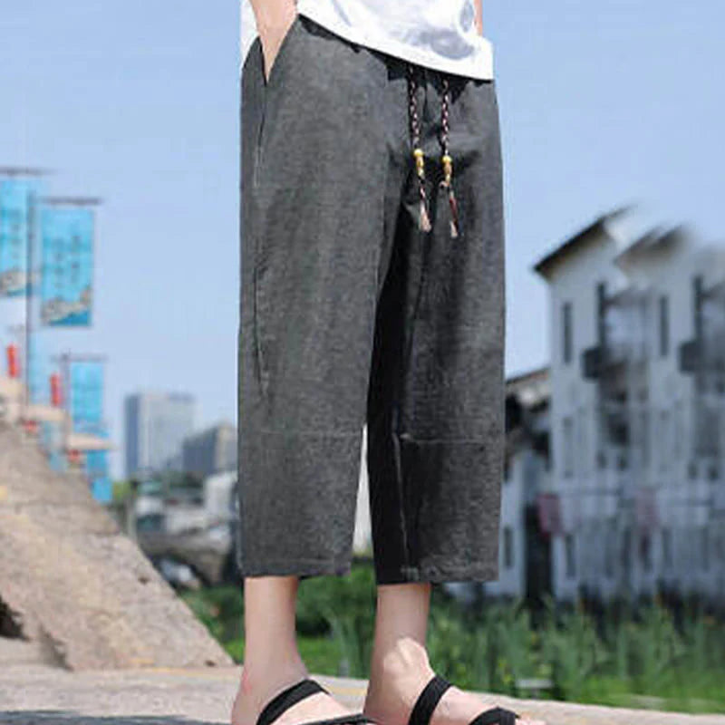 Buddha Stones Casual Woven Bead Waist Rope Men's 7-8 Length Spandex Pants With Pockets