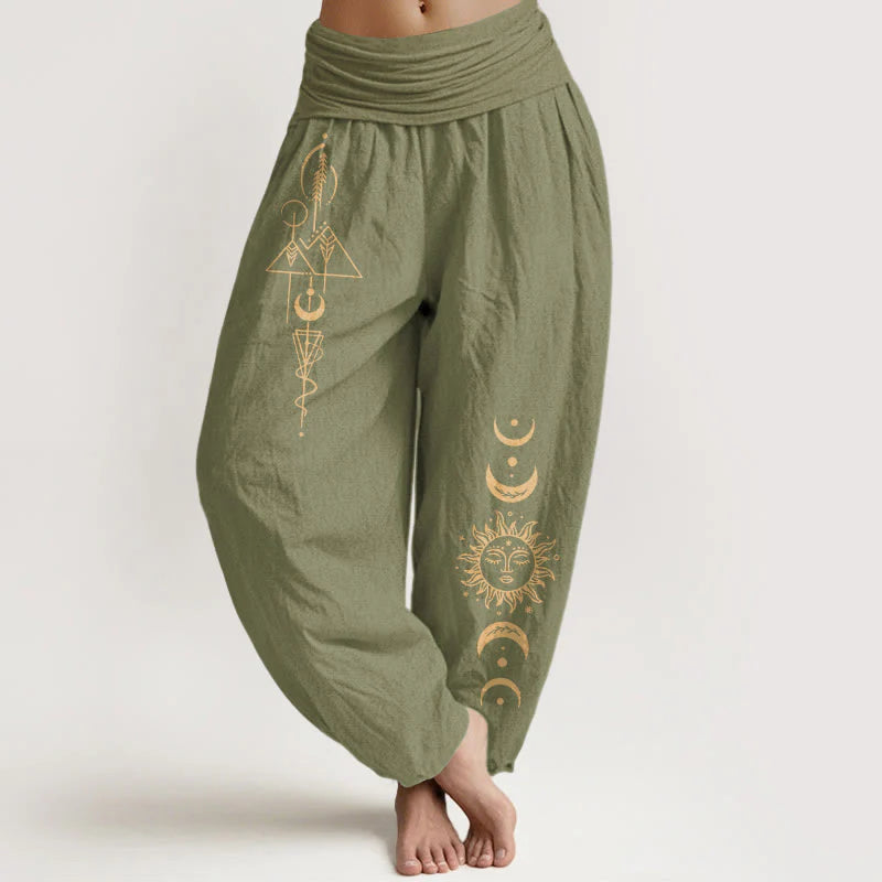 Buddha Stones Pure Cotton Concise Sun Moon Geometric Pattern Women's Elastic Waist Harem Pants