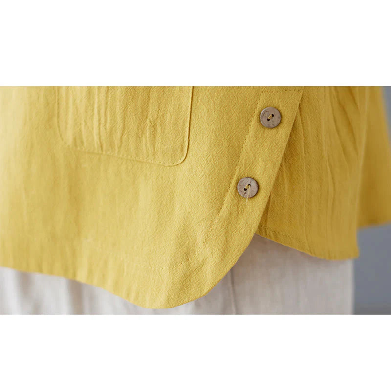 Buddha Stones Side Slit Design Women's Cotton Linen Crew Neck Short Sleeve T-Shirt Wtih Pocket