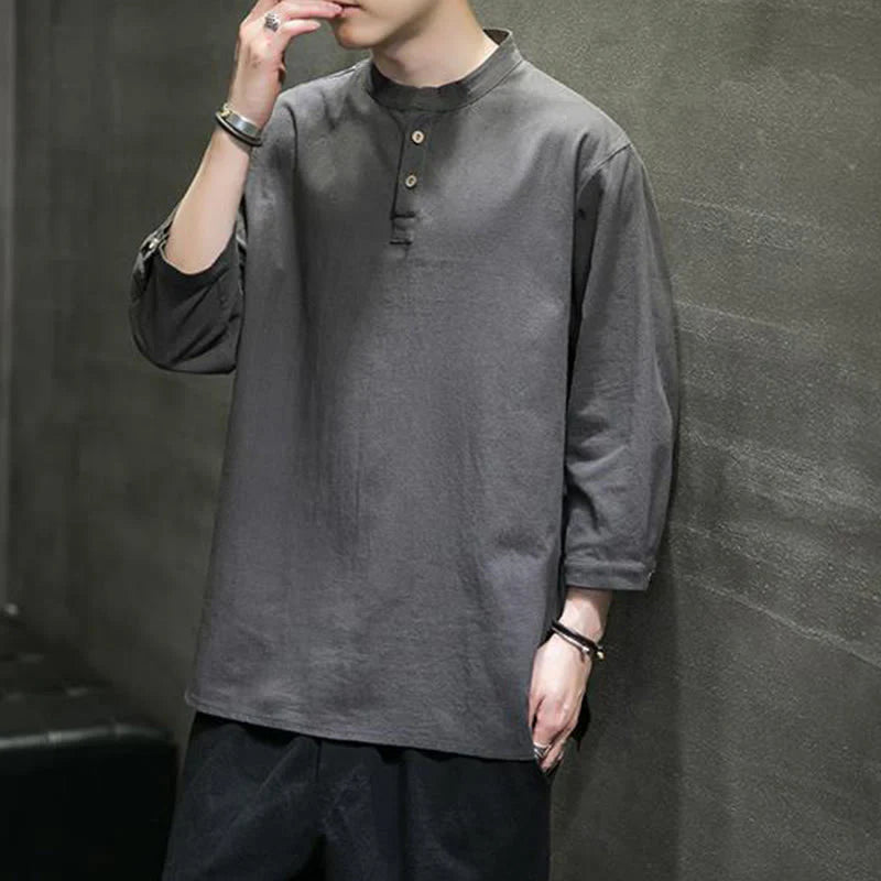 Buddha Stones Vintage Causal Pure Color Stand Collar Men's Three Quarter Sleeve Cotton Linen Shirt