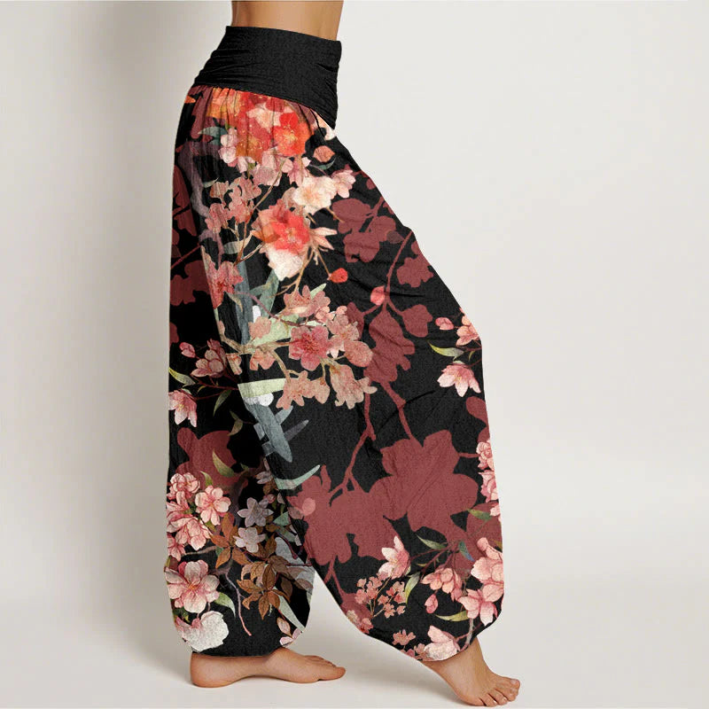Buddha Stones Cotton Red Pink Blooming Flowers Lush Branches Women's Elastic Waist Harem Pants