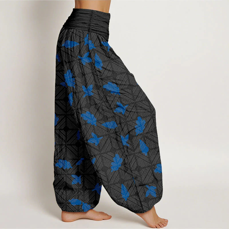 Buddha Stones Cotton Neatly Arranged Checkered Leaf Pattern Women's Elastic Waist Harem Pants