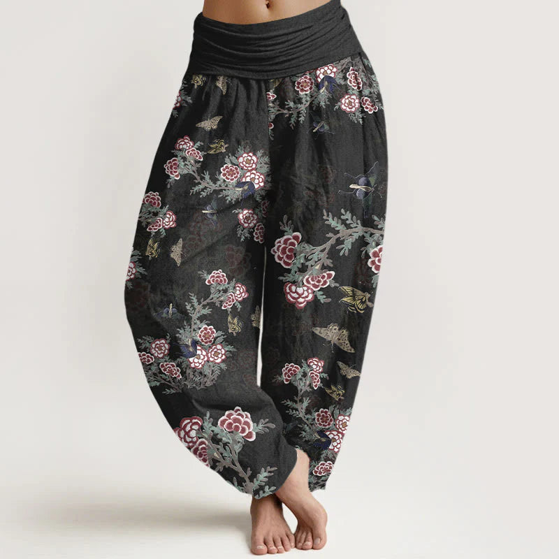 Buddha Stones Cotton Flowers Leaves Butterfly Pattern Women's Elastic Waist Harem Pants