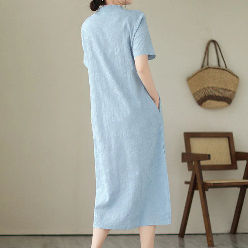 Buddha Stones Jacquard Solid Color Cotton Linen Short Sleeve Cheongsam Qipao Midi Dress With Pockets