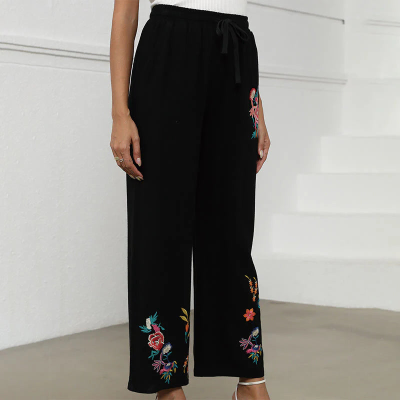 Buddha Stones Black Summer Plain Ethnic Embroidery Cotton Linen Drawstring Women's Pants With Pockets