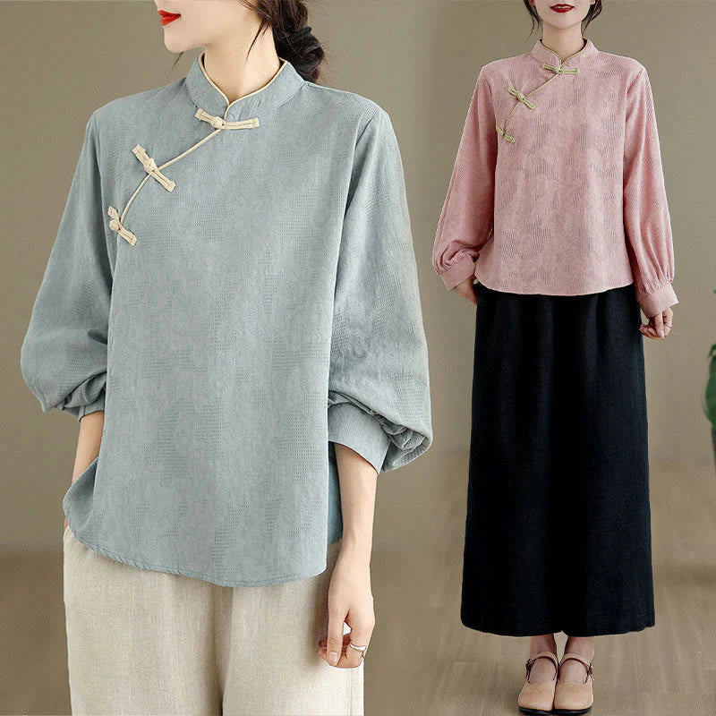 Buddha Stones Spring Traditional Floral Frog-Button Stand Collar Long Sleeve Women's Cotton Shirt