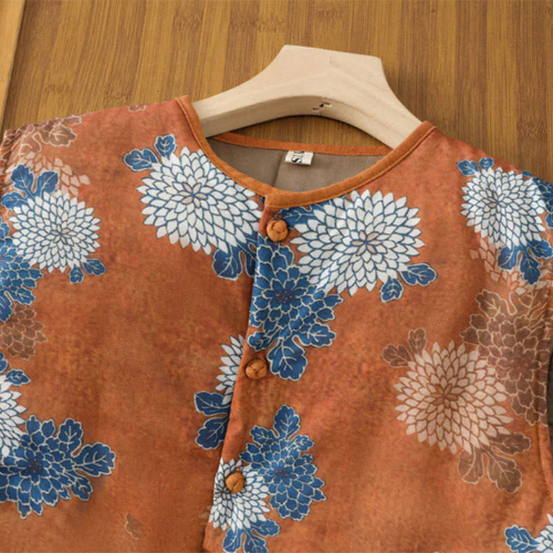 Buddha Stones Floral Prints Buttons Women's Sleeveless Cotton Vest Waistcoat With Pockets