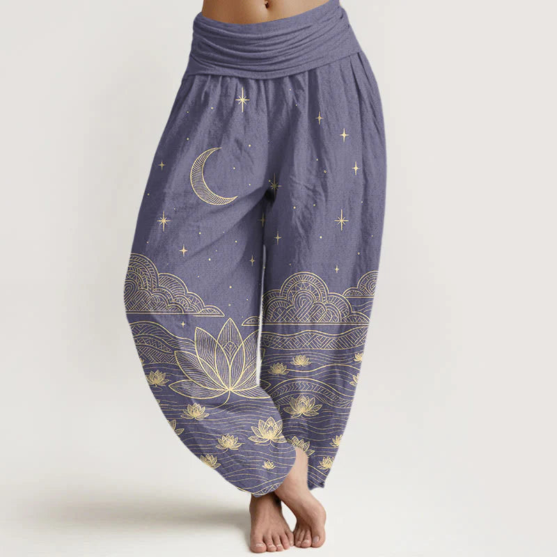Buddha Stones Pure Cotton Elegant Moon Star Cloud Lotus Flower Water Ripple Pattern Women's Elastic Waist Harem Pants