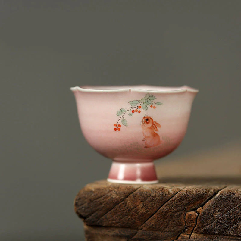 Buddha Stones Hand-painted Rabbit Orchid Flower Begonia Ceramic Teacup Kung Fu Tea Cup 75ml