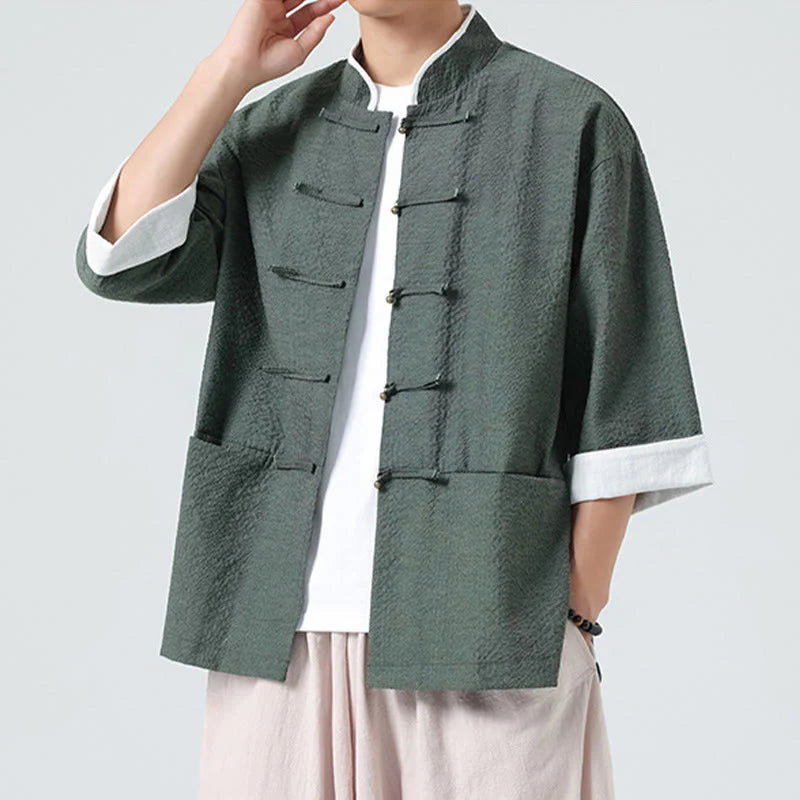 Buddha Stones Spring Solid Color Three Quarter Sleeve Tang Suit Men's Buttons Shirt With Pockets